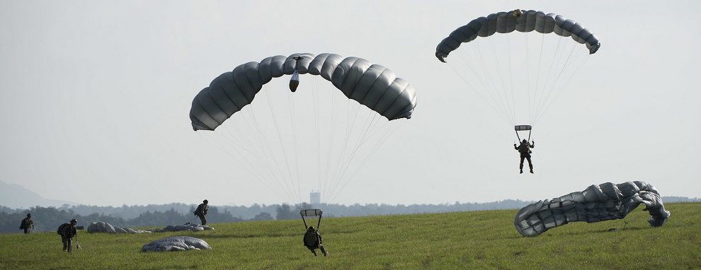 U.S. Air Force Airmen and U.S. Army Soldiers conduct parachute training April 24, 2017, above Kadena Air Base, Japan. Parachute training better enables joint and bilateral long-range rescue and rapid response to humanitarian or security crises.